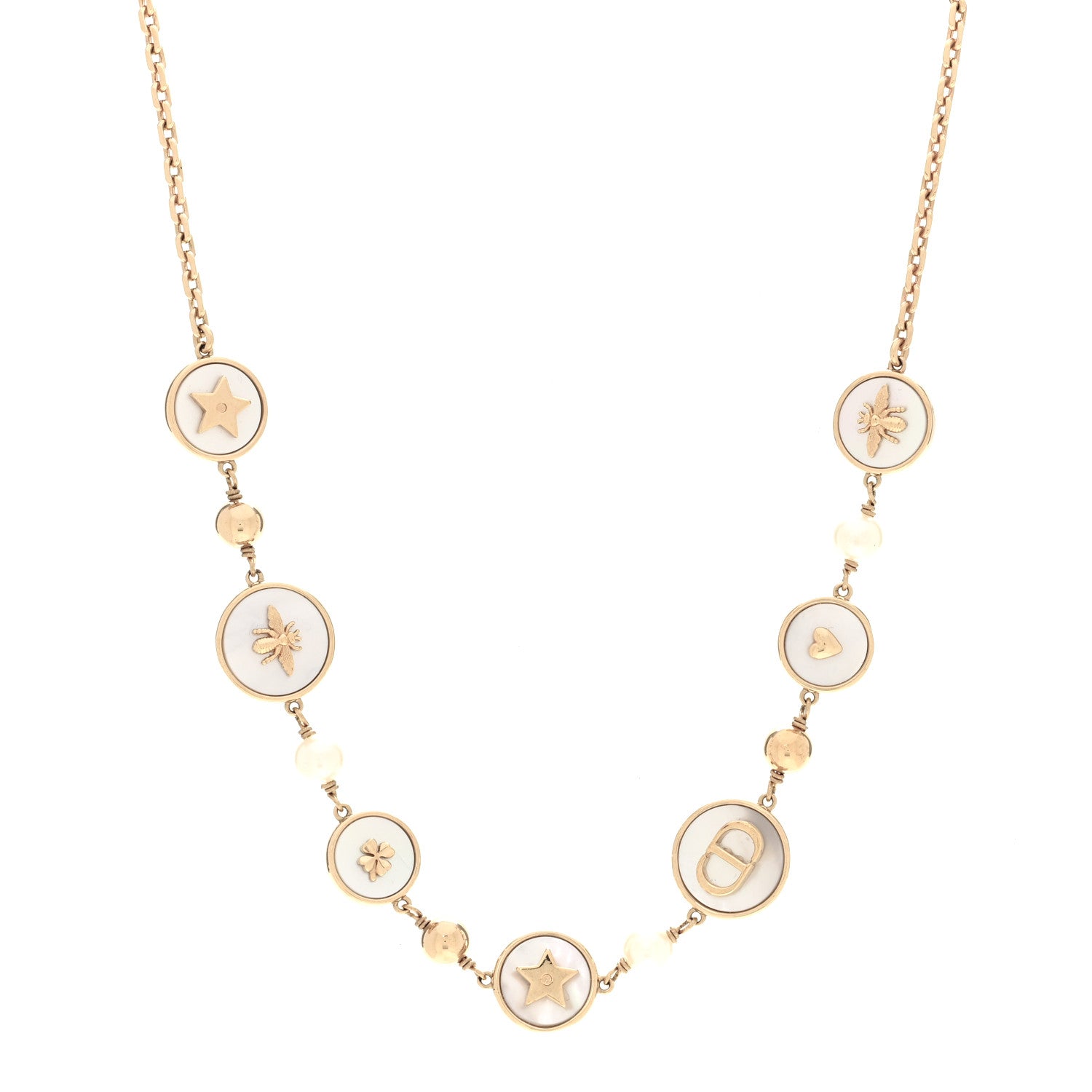 Christian Dior Metal Resin Pearl Mother of Pearl D-Luck Short Necklace Gold 1 of 5