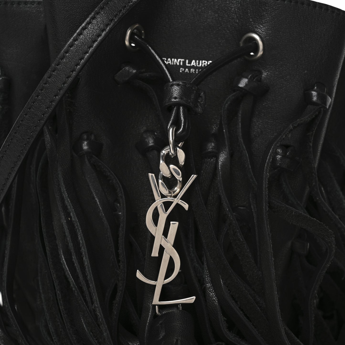 Calfskin Fringe Monogram Mini Bourse Bucket Bag Black