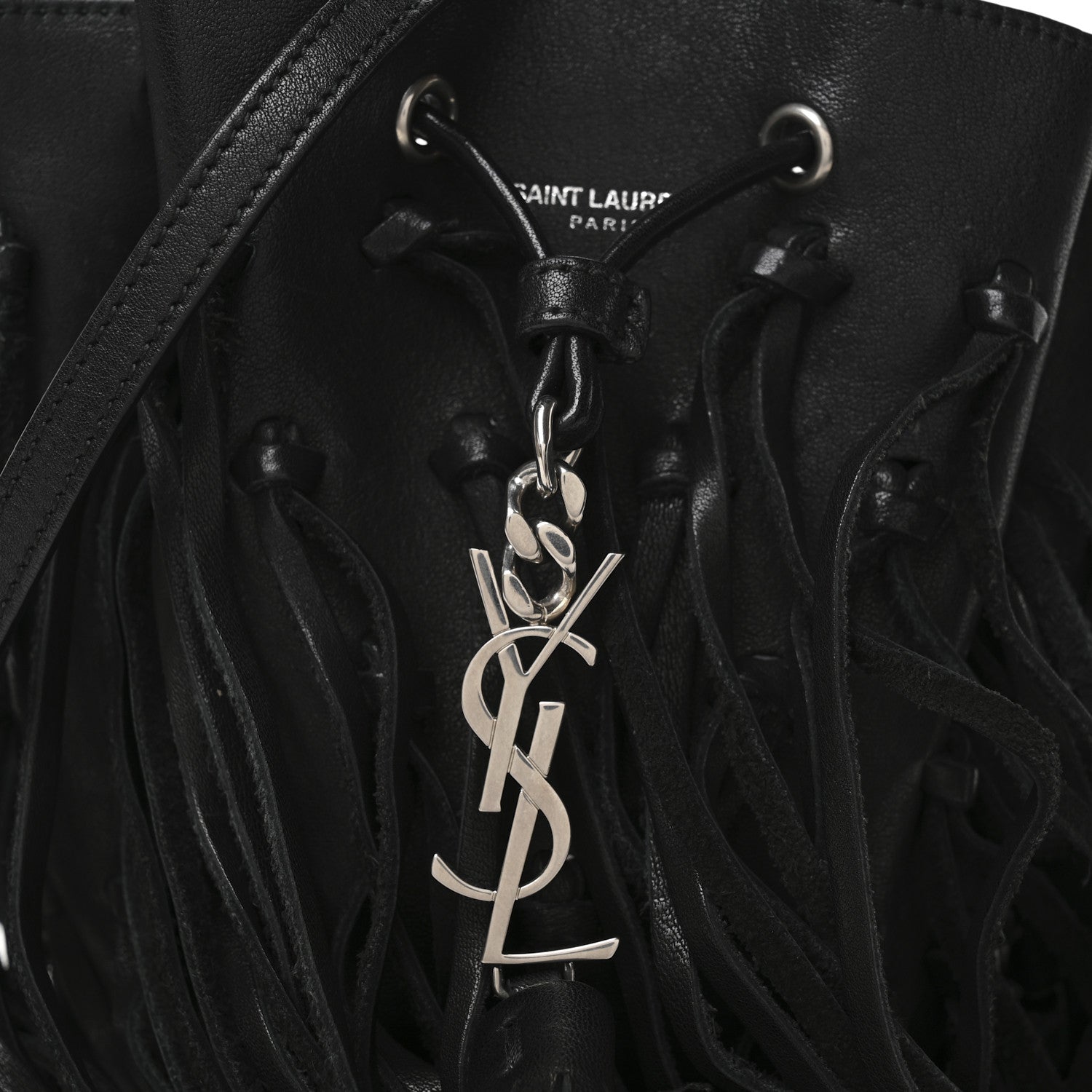 Saint Laurent Calfskin Fringe Monogram Mini Bourse Bucket Bag Black 8 of 10