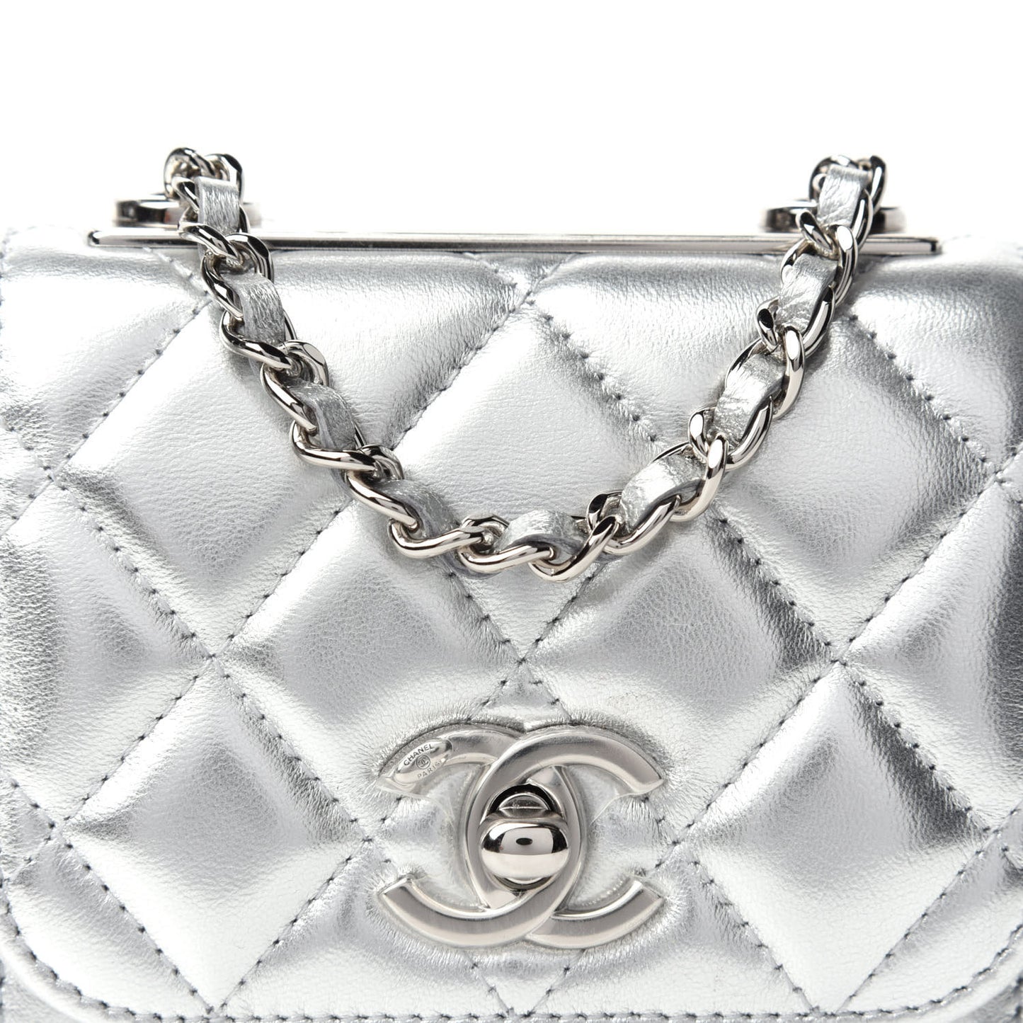 Metallic Lambskin Quilted Mini Trendy CC Clutch With Chain Silver