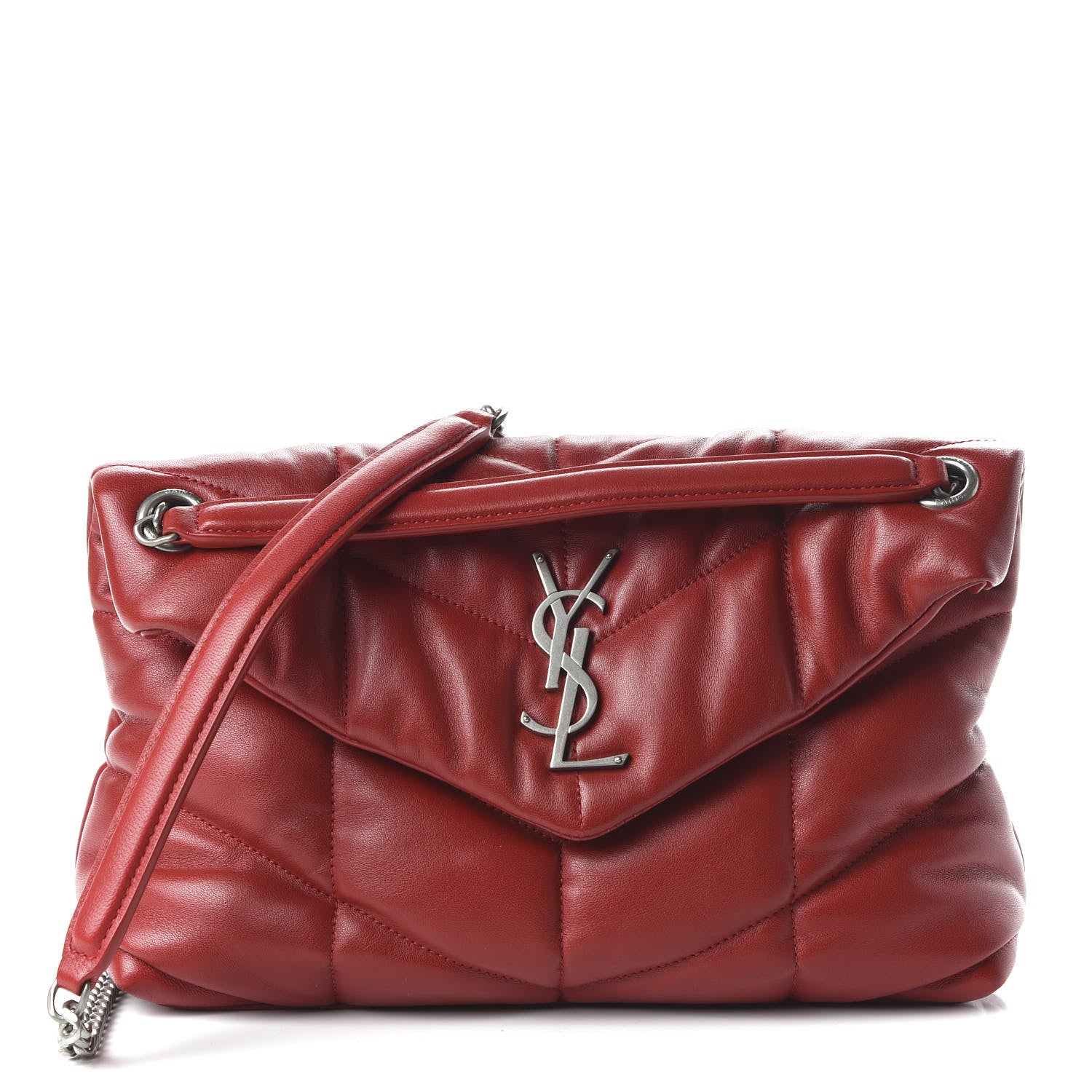 Saint Laurent Lambskin Quilted Small Loulou Puffer Monogram Chain Satchel Red 1 of 9