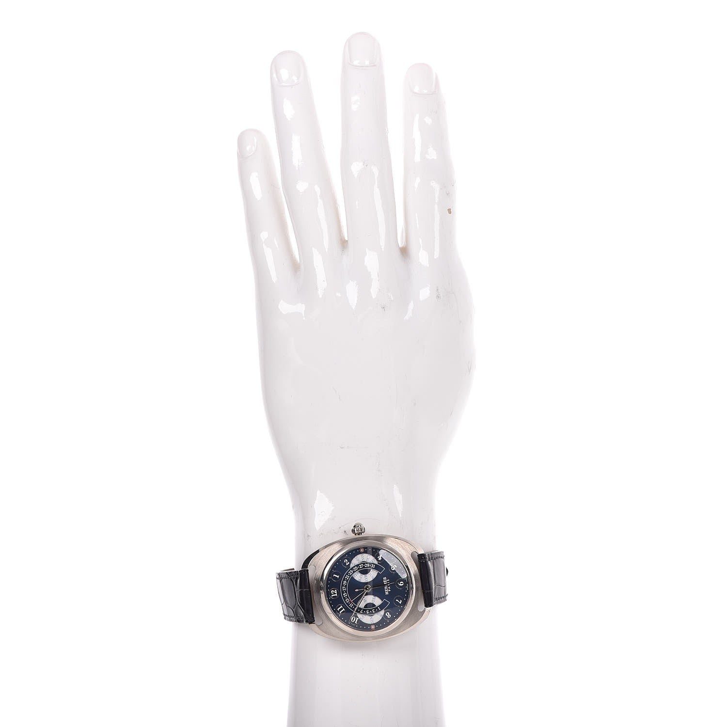 Hermes 18K White Gold Alligator 40.5mm Dressage Annual Calendar Automatic Watch Bleu Obscur 2 of 11