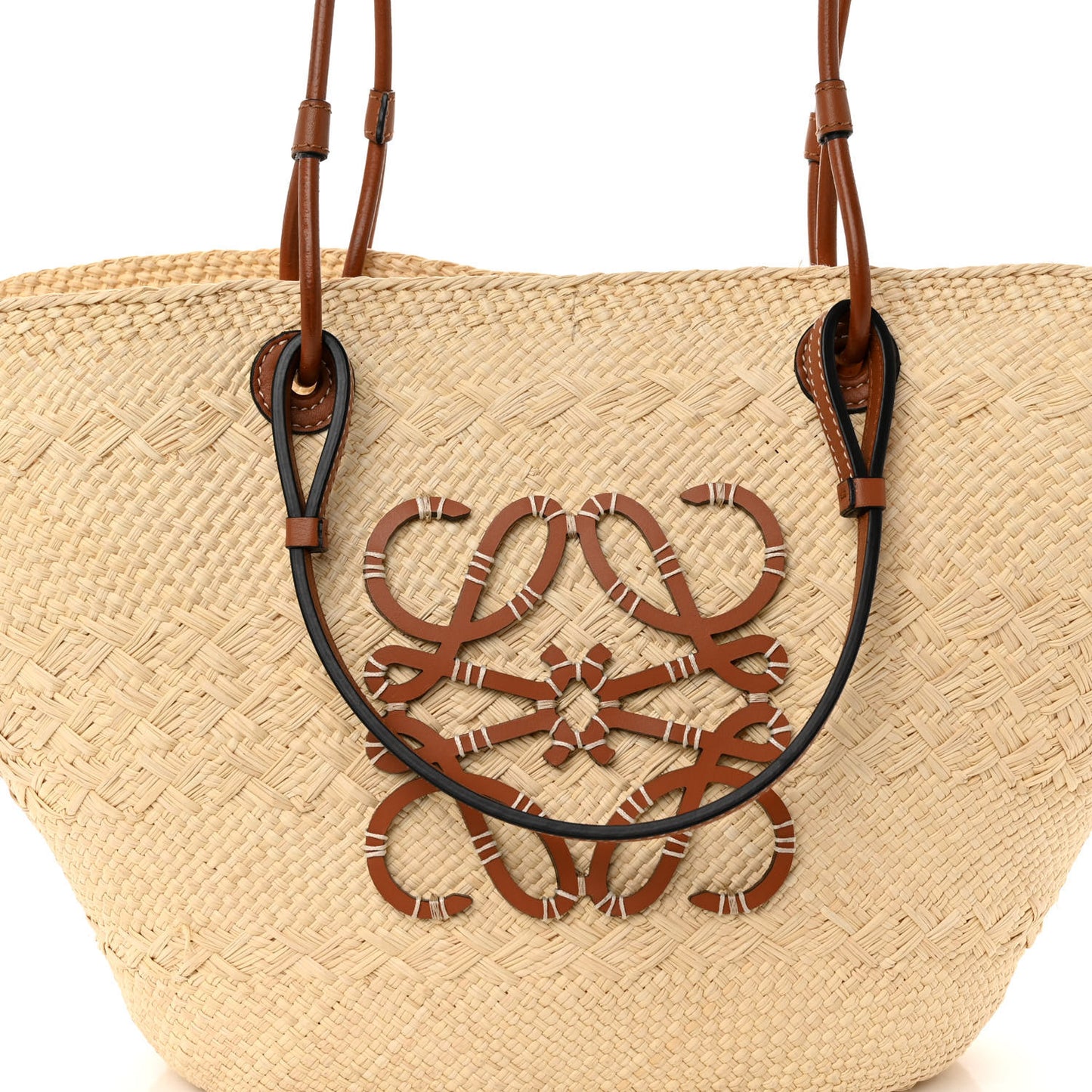 Calfskin Raffia Paulas Ibiza Medium Anagram Basket Tote Bag Natural Tan