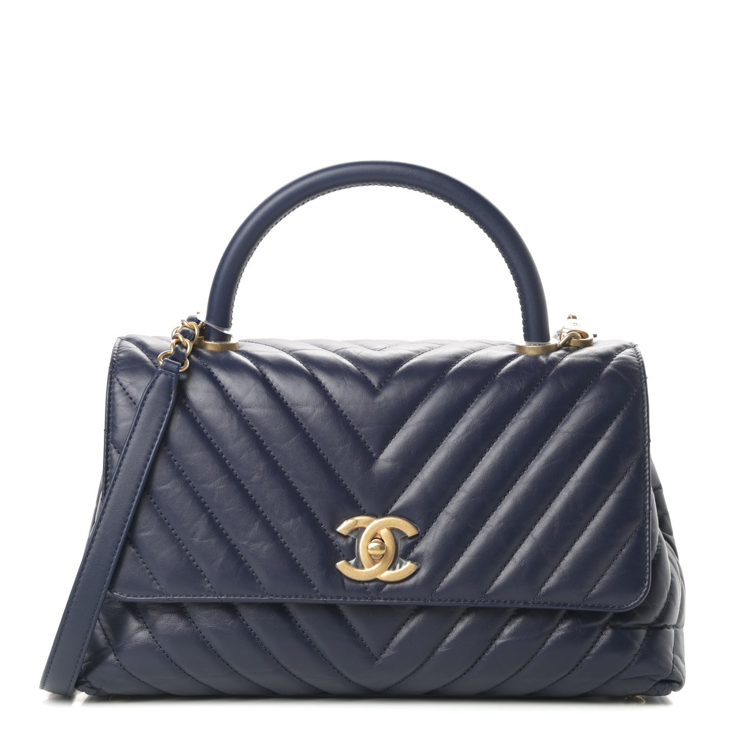 Aged Calfskin Chevron Quilted Small Coco Handle Flap Navy