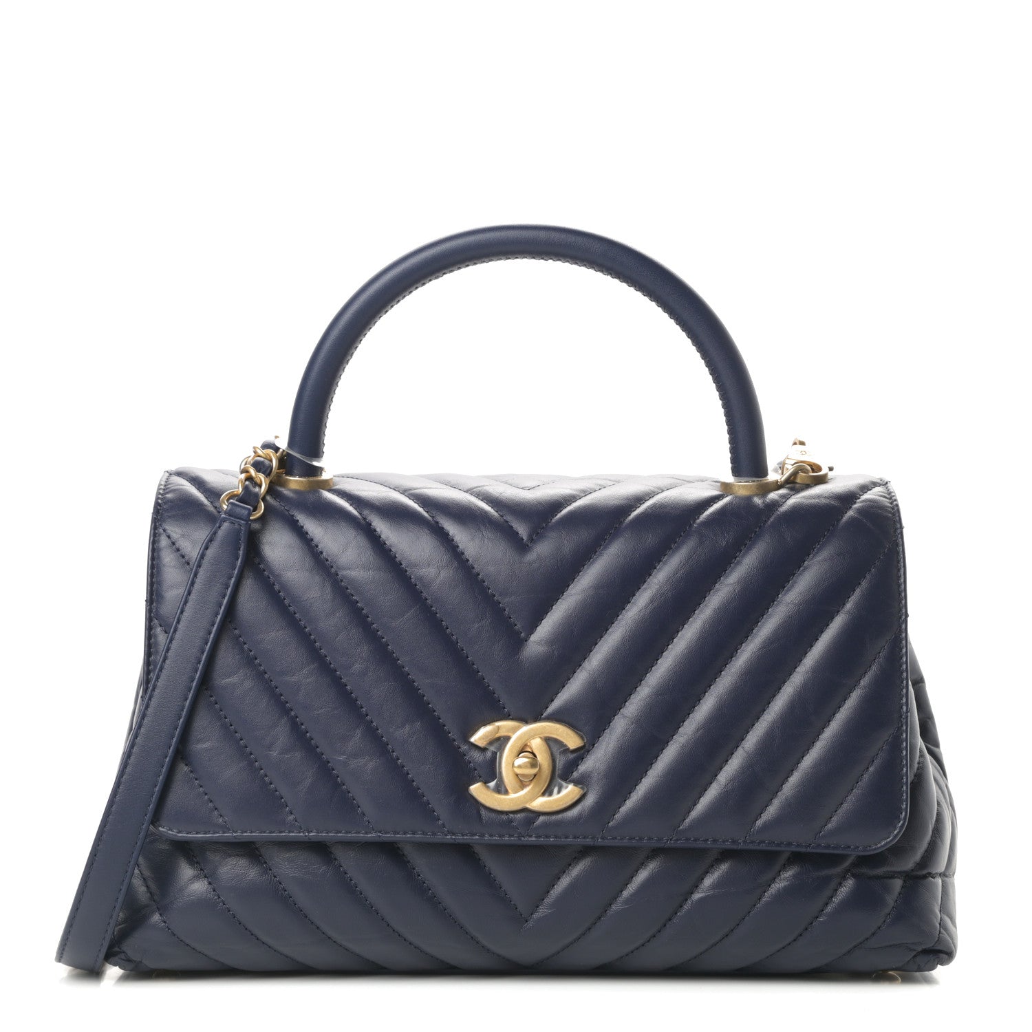 Chanel Aged Calfskin Chevron Quilted Small Coco Handle Flap Navy 1 of 11