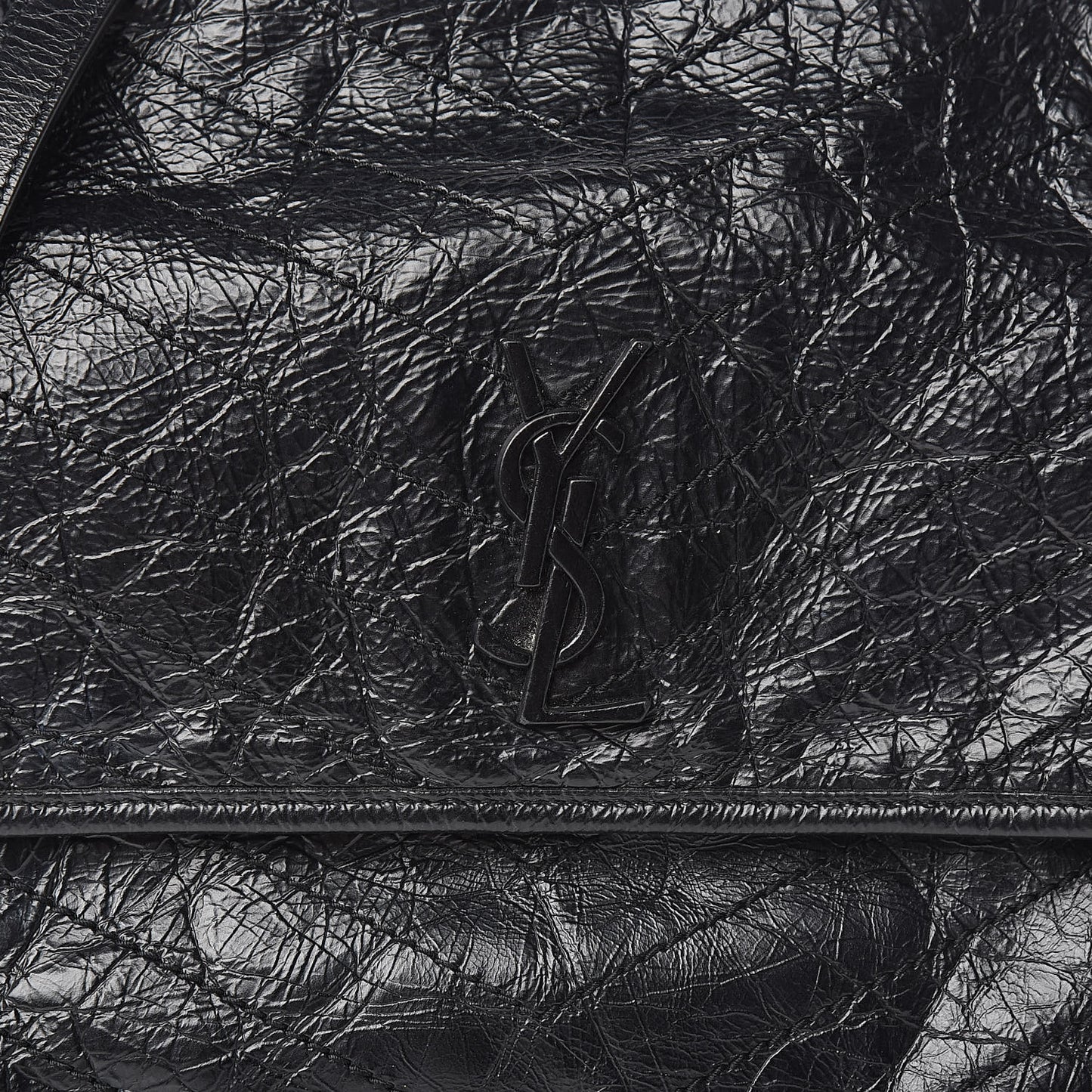 Crinkled Calfskin Matelasse Monogram Large Niki Chain Satchel Black