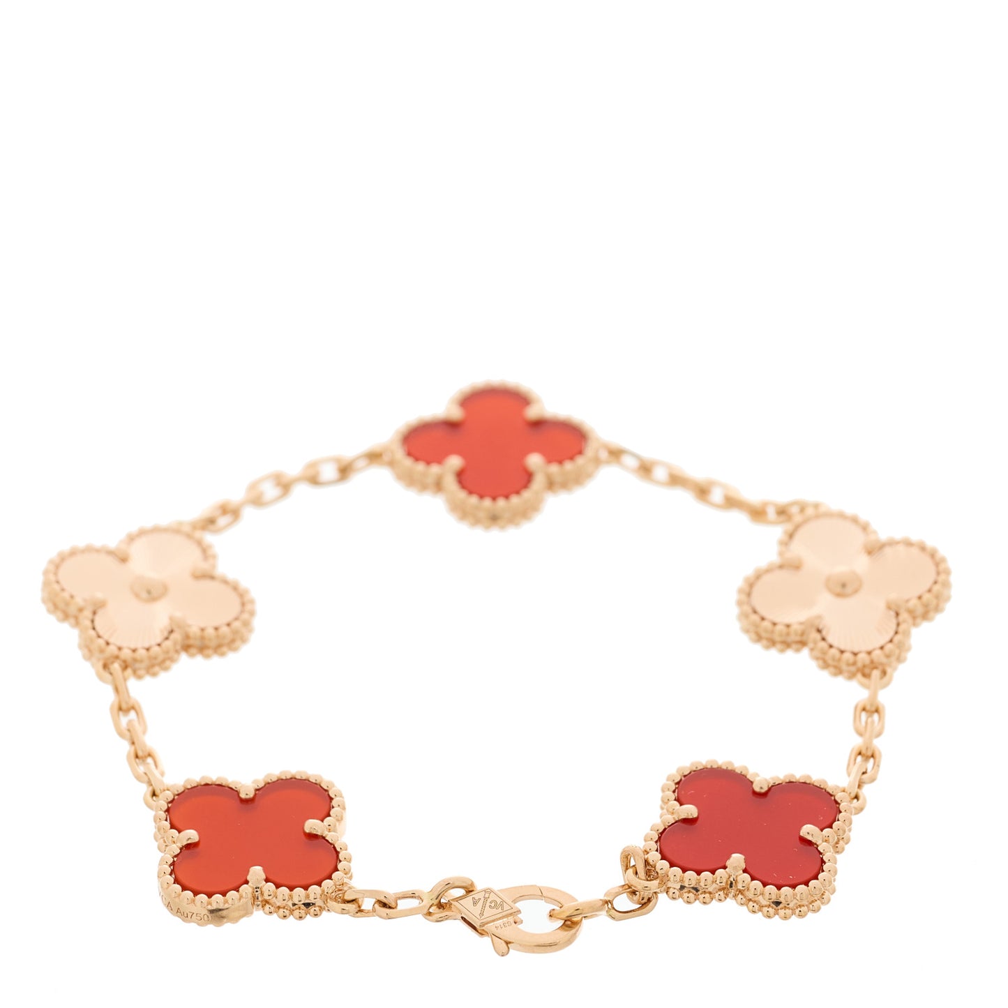 18K Rose Gold Carnelian 5 Motifs Guilloche Vintage Alhambra Bracelet