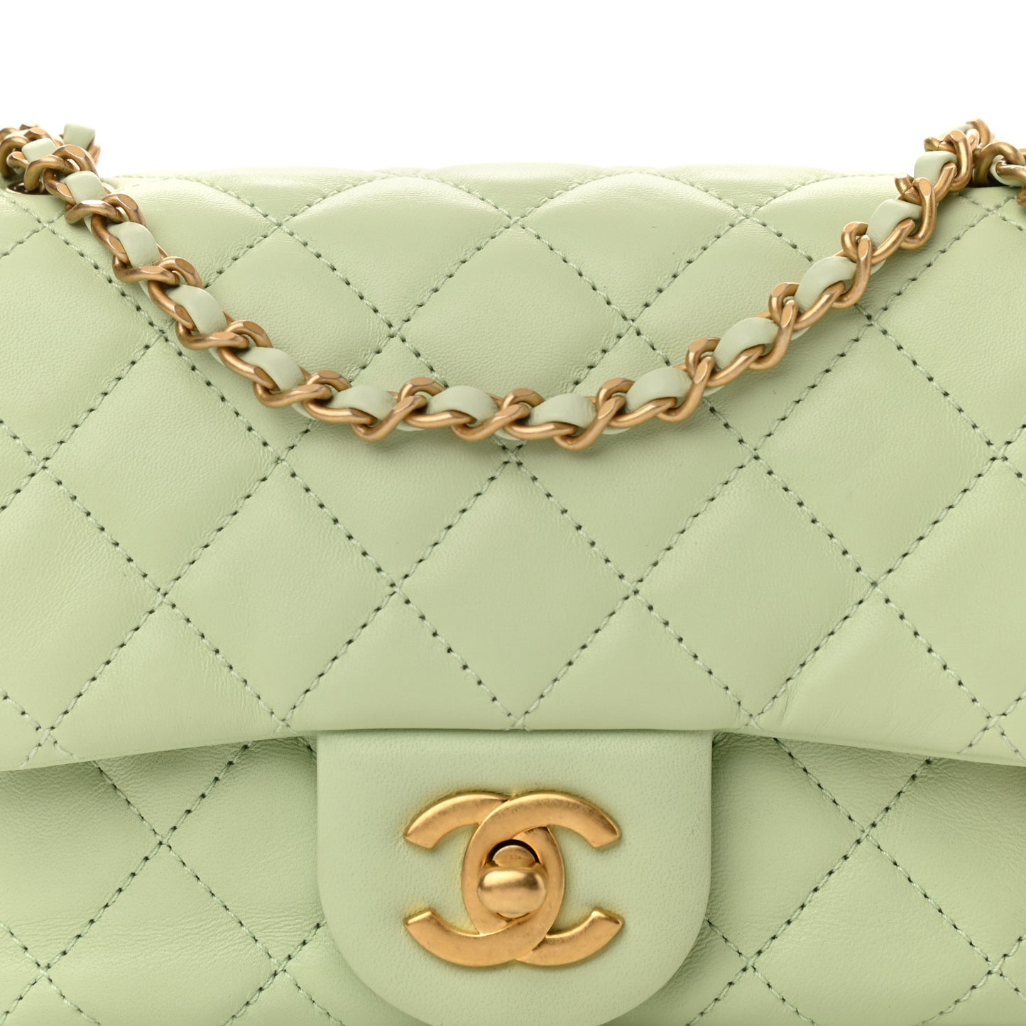 Lambskin Quilted Mini Pearl Crush Flap Light Green