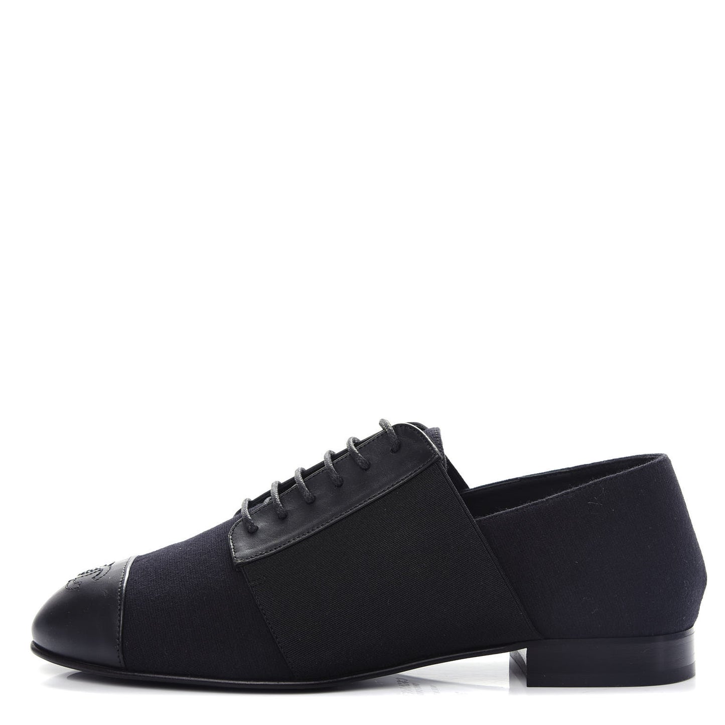 Calfskin Elastic Lace Up Cap Toe CC Loafers 36 Black