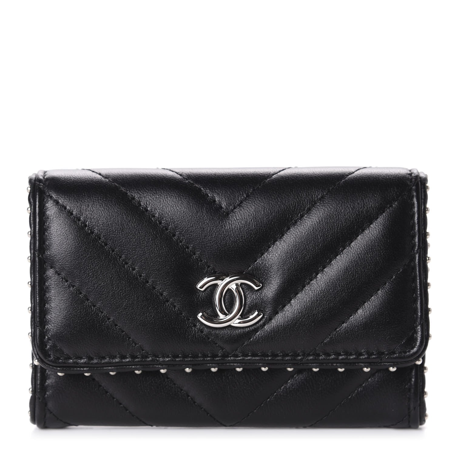 Chanel Lambskin Chevron Quilted Studded Card Holder Black 1 of 9