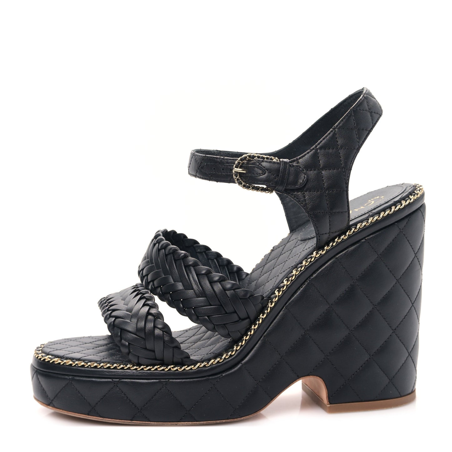 Calfskin Quilted Chain Around Wedge Sandals 41 Black