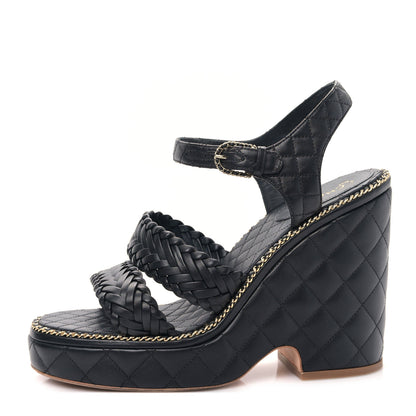 Chanel Calfskin Quilted Chain Around Wedge Sandals 41 Black 1 of 8
