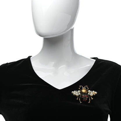 Gucci Metal Pearl Crystal Bee Brooch Aged Gold 2 of 6