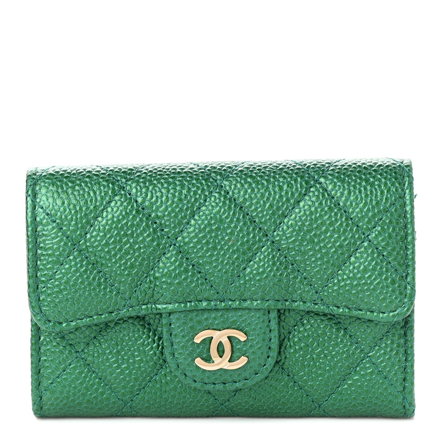 Metallic Caviar Quilted Flap Card Holder Wallet Green