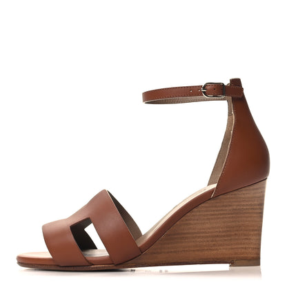 Hermes Calfskin Legend Wedge Sandals 37 Gold 1 of 9
