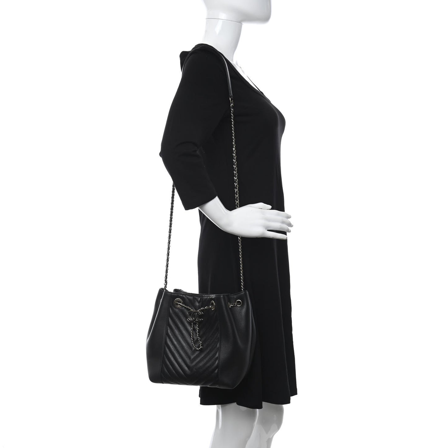 Calfskin Quilted Daily Chevron Drawstring Bag Black