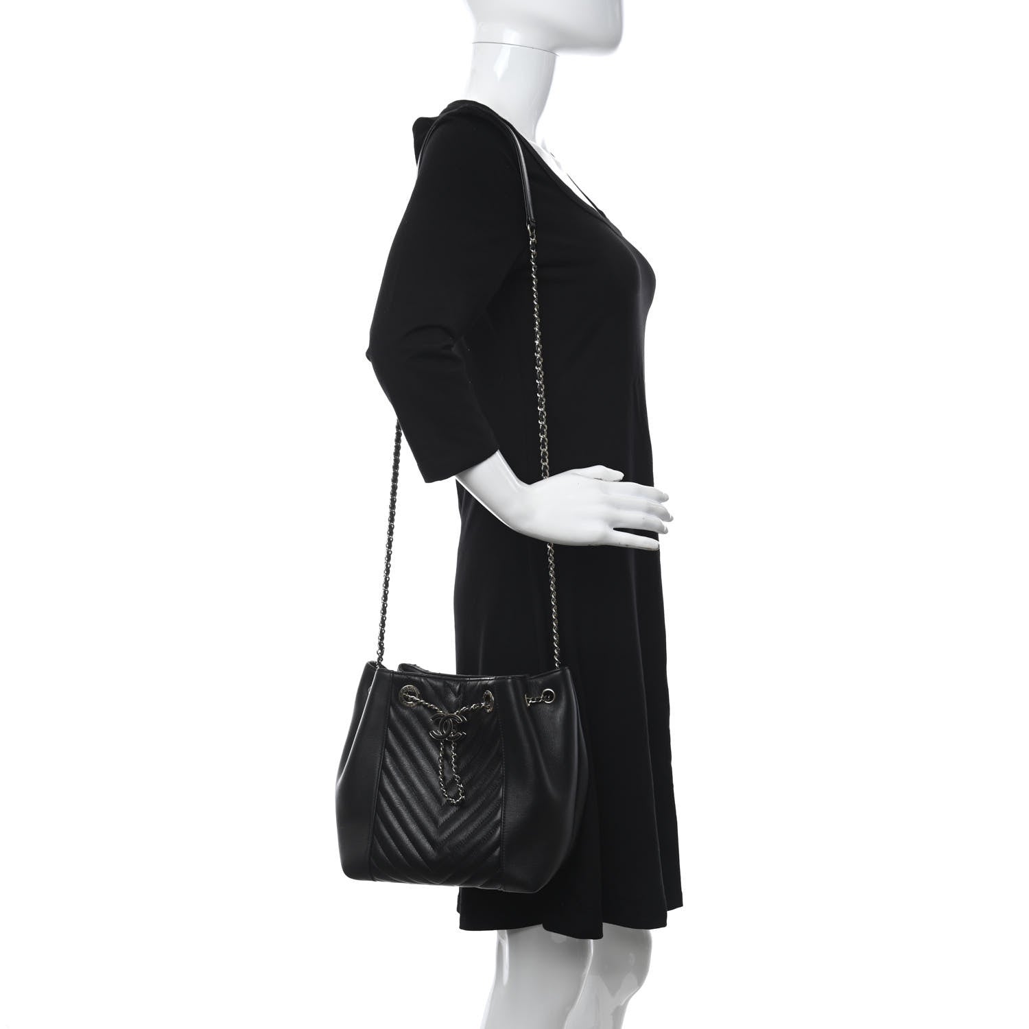 Chanel Calfskin Quilted Daily Chevron Drawstring Bag Black 2 of 10