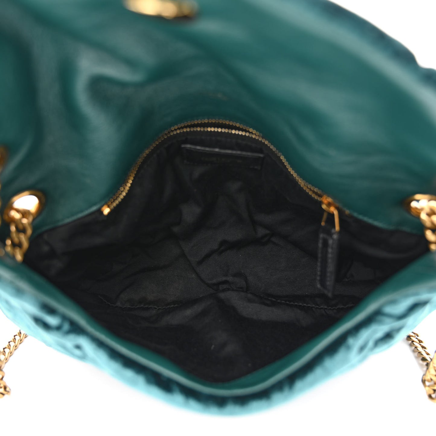 Crushed Velvet Quilted Small Loulou Puffer Monogram Chain Satchel Emerald