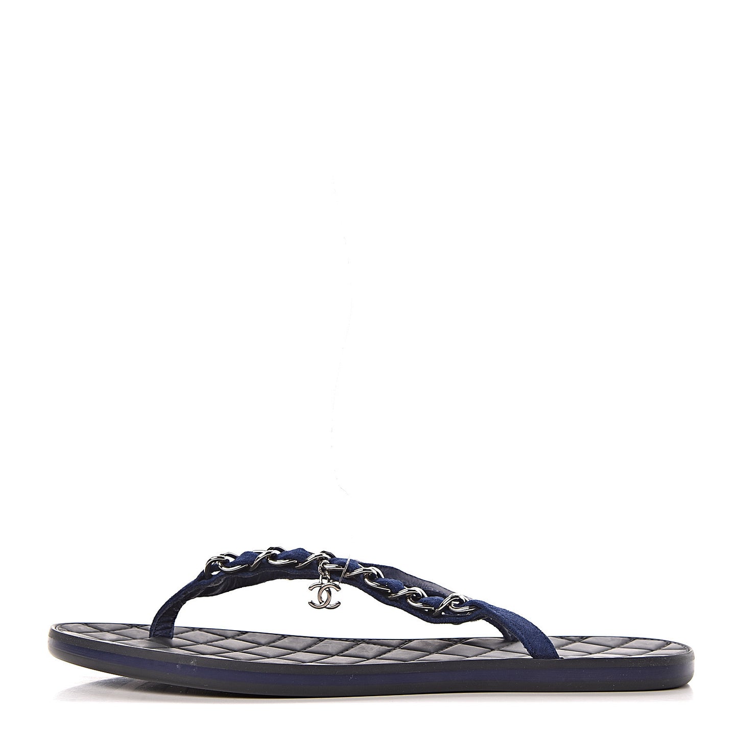 Suede Calfskin Quilted Chain Thong Sandals 36.5 Navy Blue