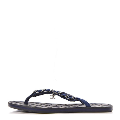 Chanel Suede Calfskin Quilted Chain Thong Sandals 36.5 Navy Blue 1 of 7