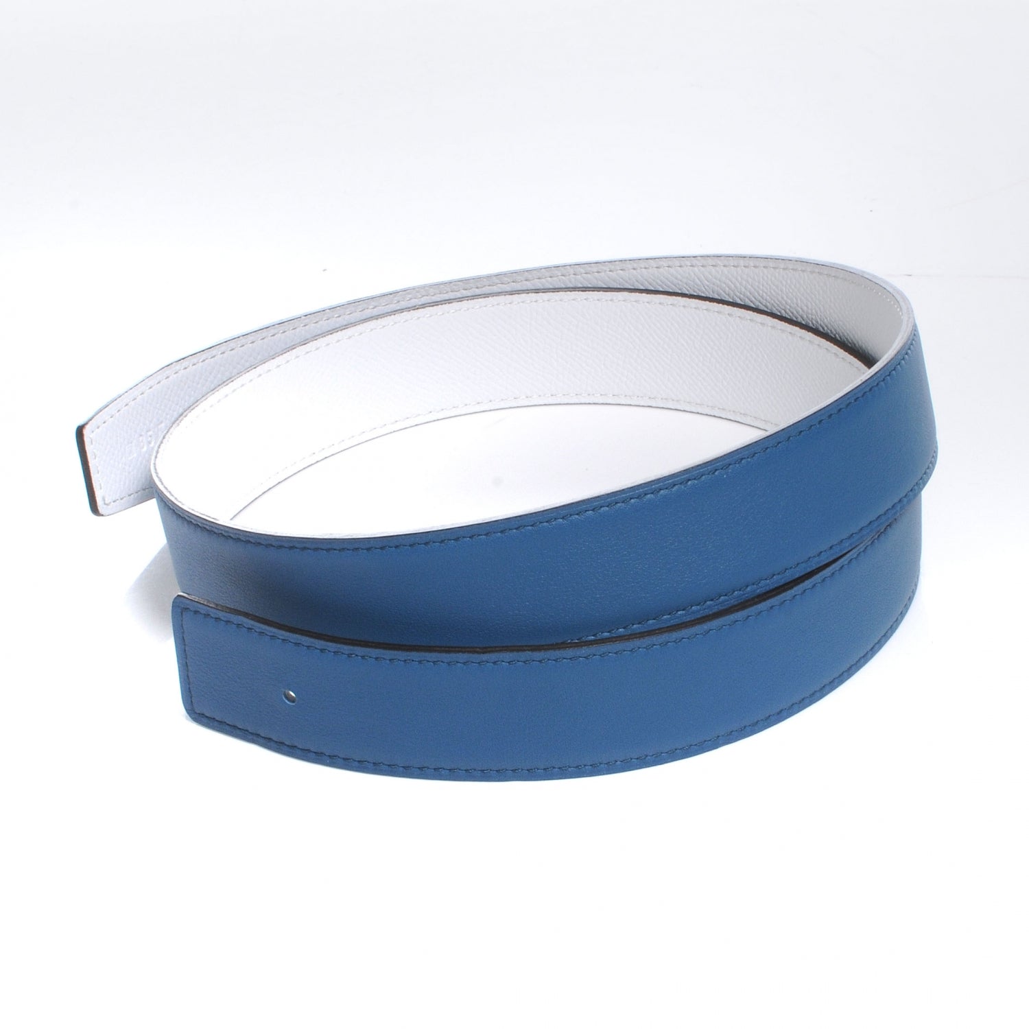 Hermes Swift Epsom Reversible Belt Strap Bleu de Galice and Blanc 85 NEW 4 of 5