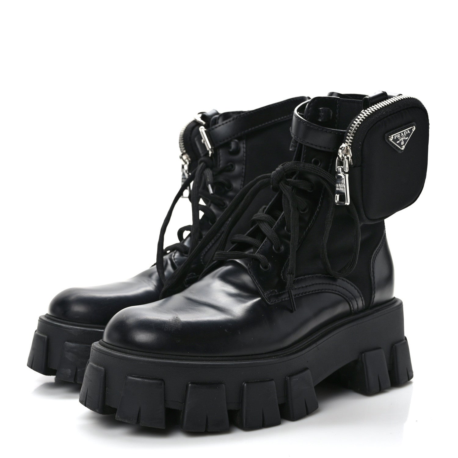 Prada Spazzolato Rois Nylon Metal Triangle Logo Monolith Pouch Pocket 55mm Boots 38.5 Black 3 of 11