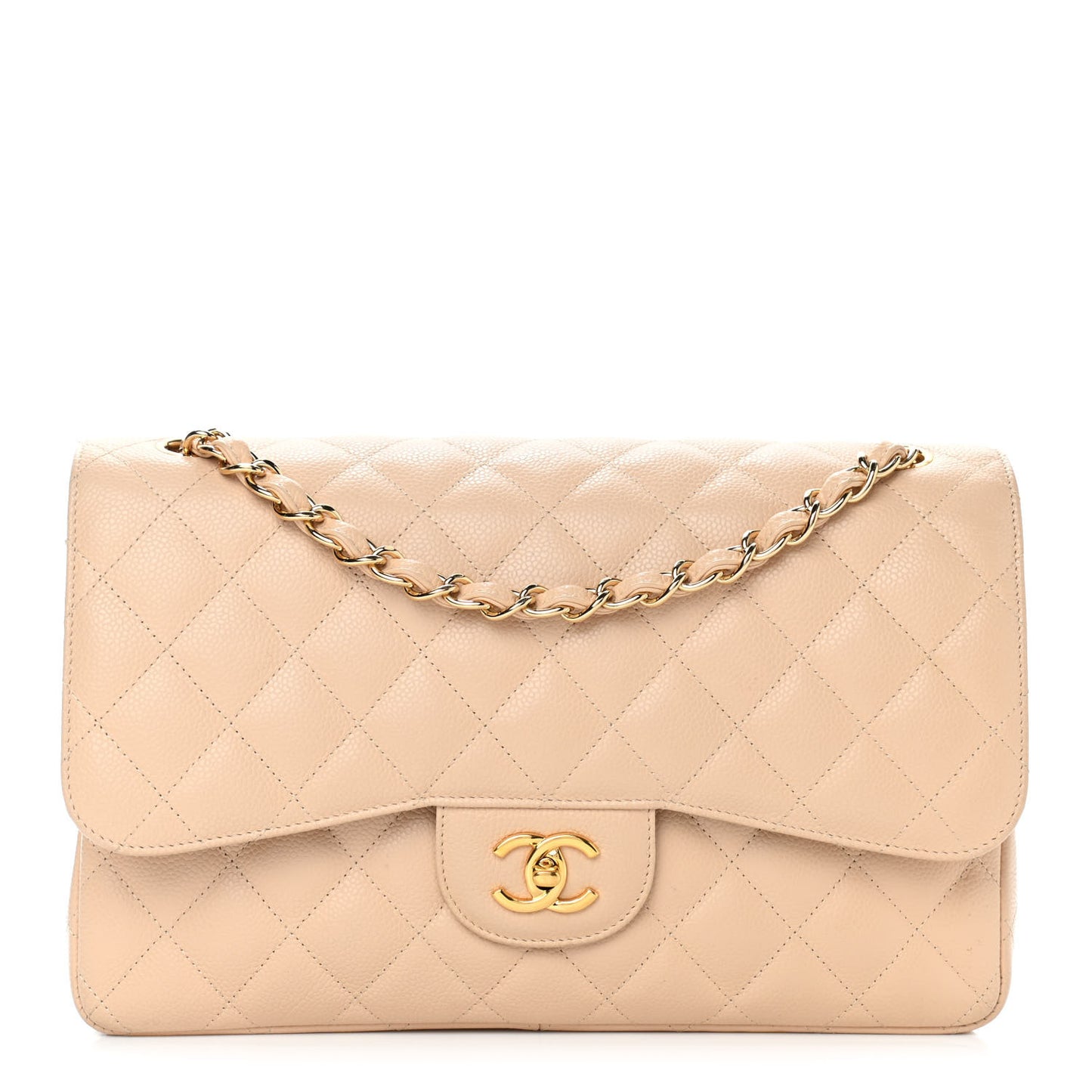 Caviar Quilted Jumbo Double Flap Beige