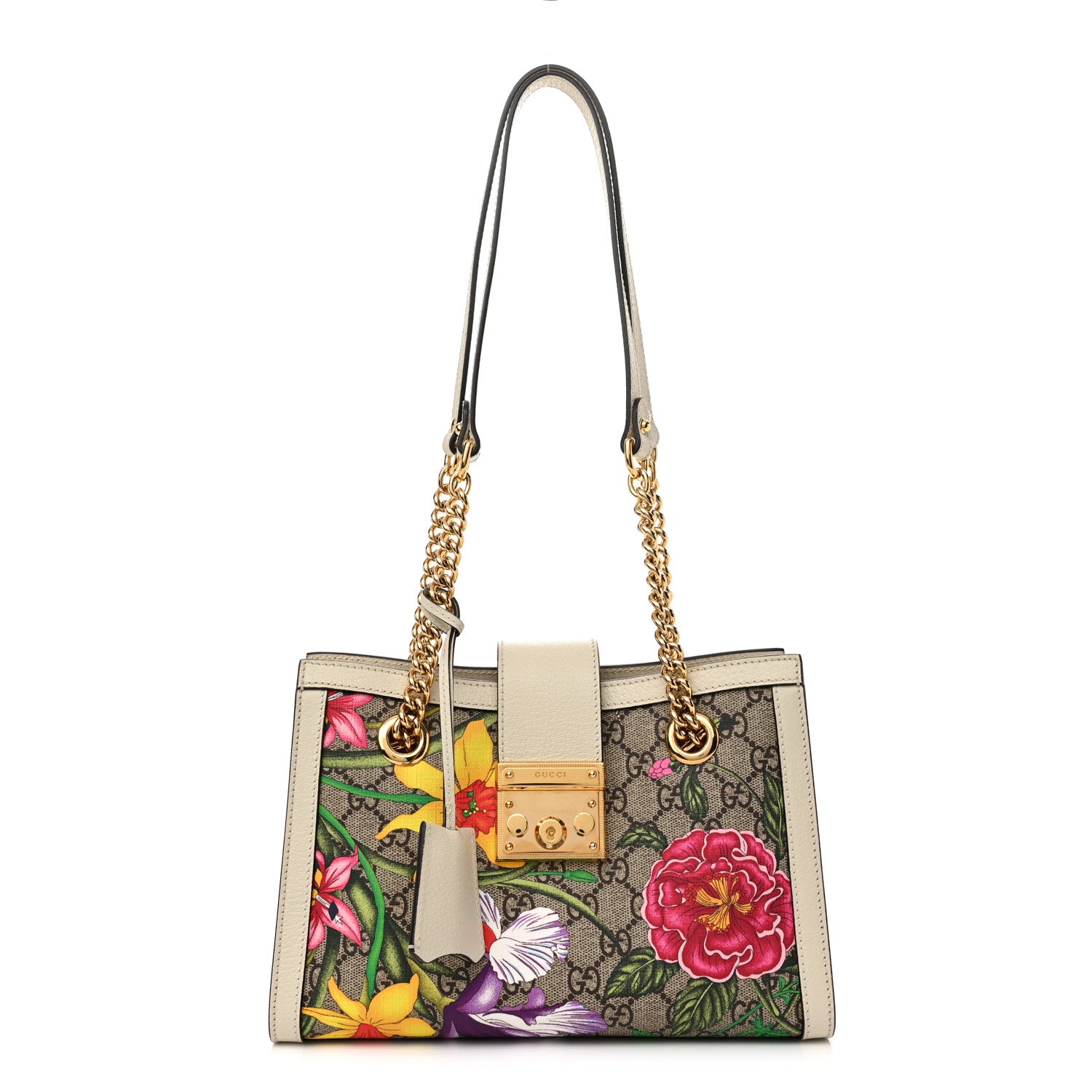 Gucci GG Supreme Monogram Flora Textured Calfskin Small Padlock Tote Beige Ebony Multicolor Mystic White 1 of 14