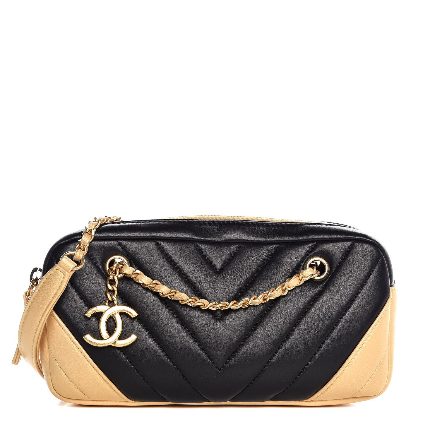 Lambskin Sheepskin Chevron Camera Case Black Gold