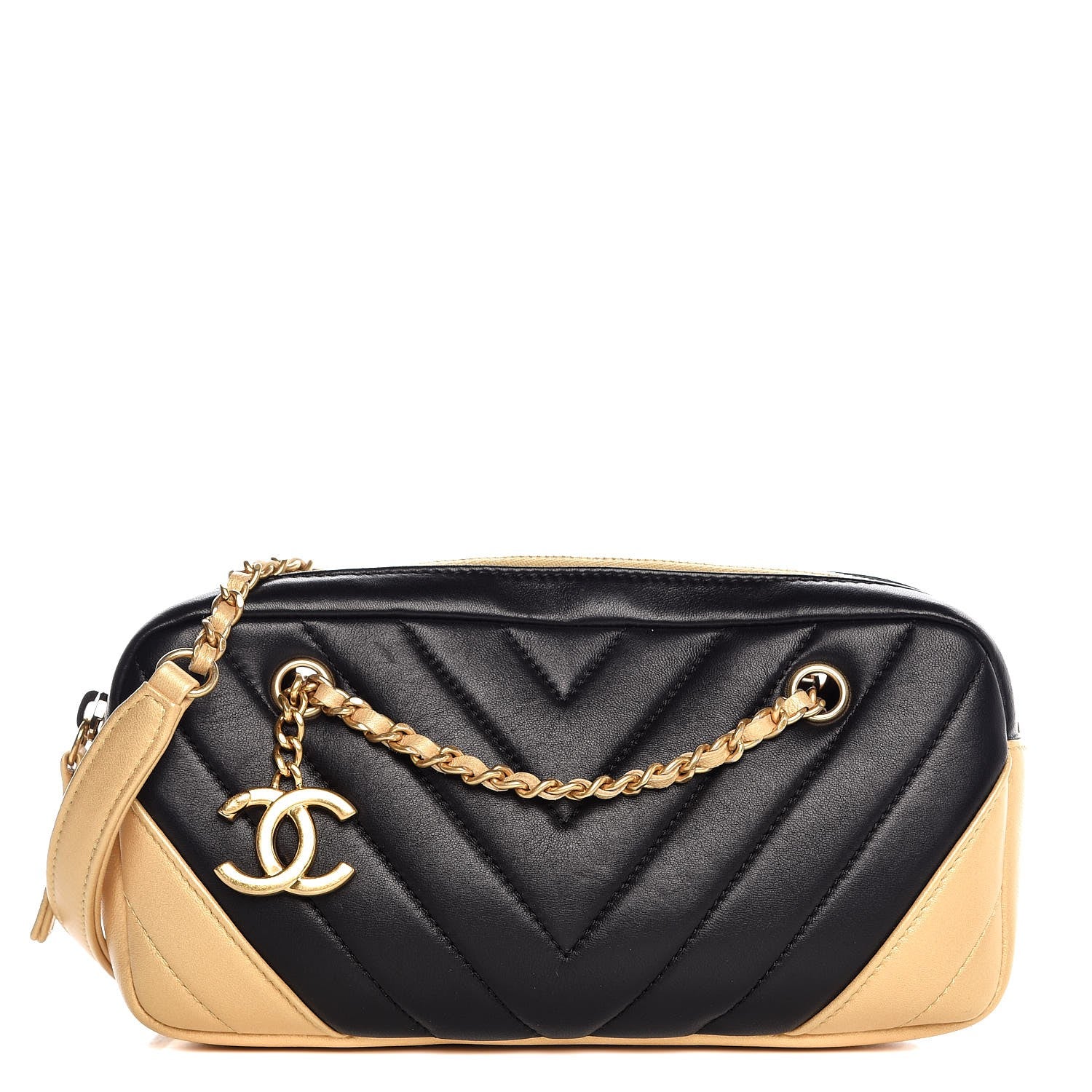 Chanel Lambskin Sheepskin Chevron Camera Case Black Gold 1 of 7