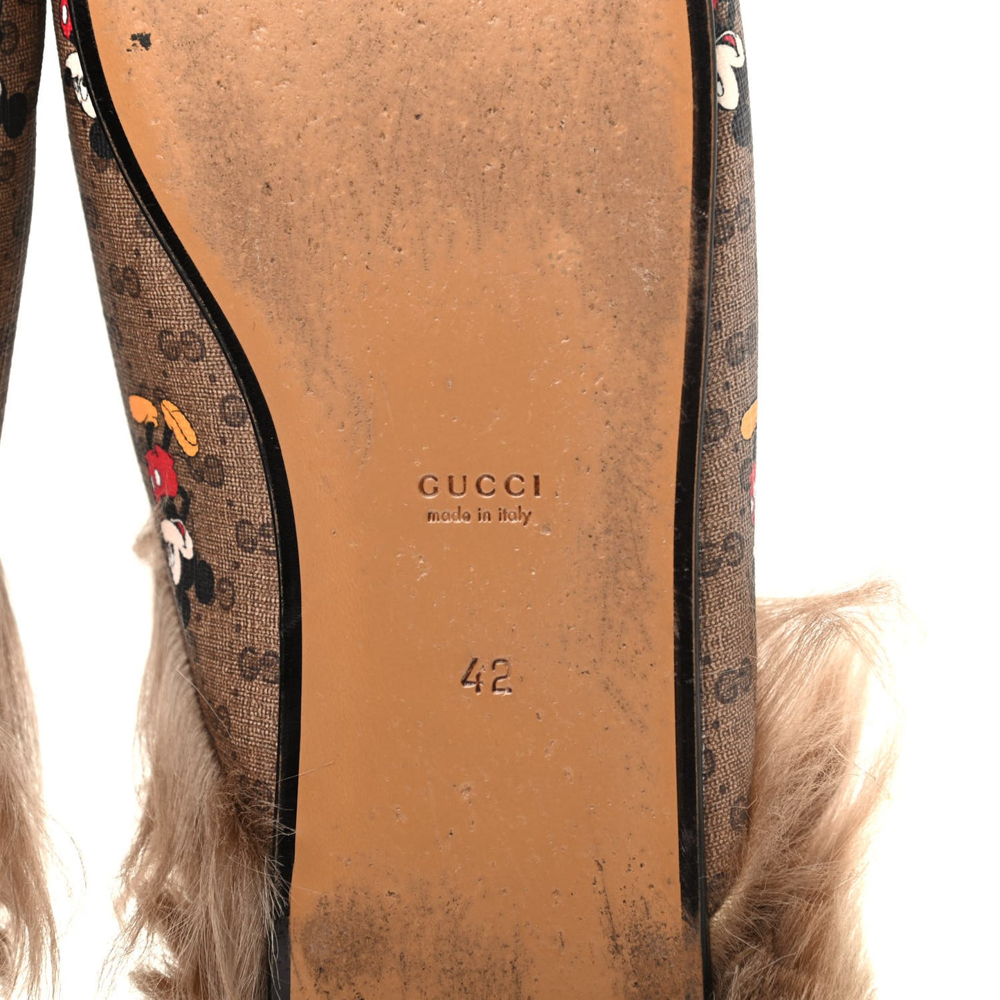 X DISNEY Mini Vintage GG Supreme Monogram Mickey Mouse Fur Womens Princetown Slippers 42 Beige Vintage Sun Oil
