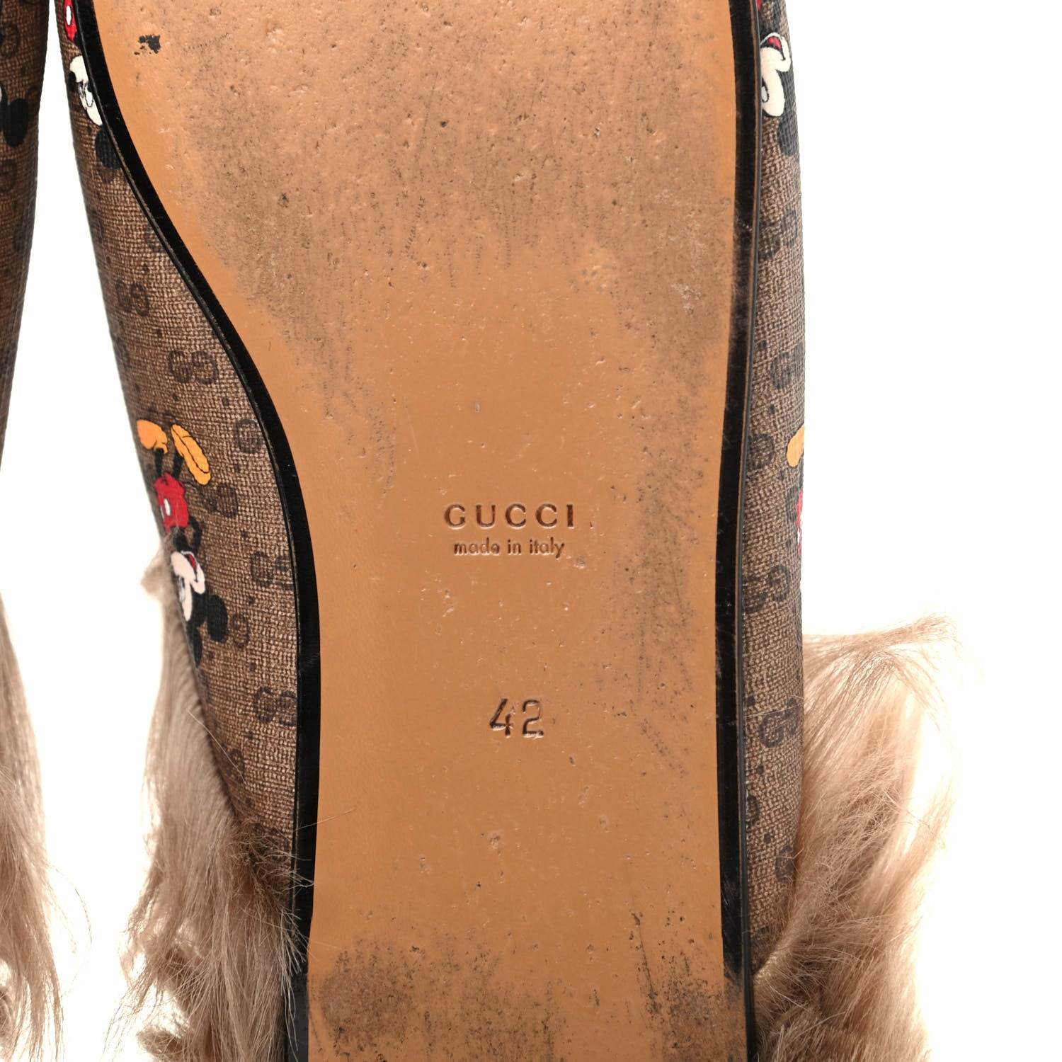 Gucci X DISNEY Mini Vintage GG Supreme Monogram Mickey Mouse Fur Womens Princetown Slippers 42 Beige Vintage Sun Oil 8 of 9