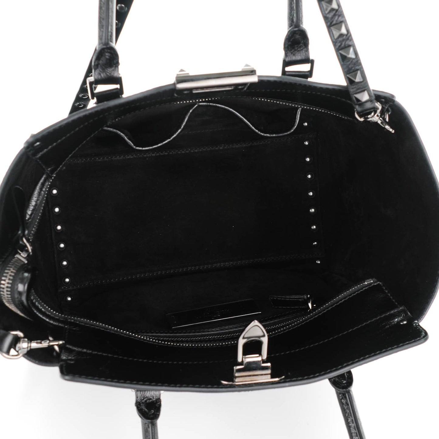 Craquele Calfskin Small Rockstud Double Handle Tote Black