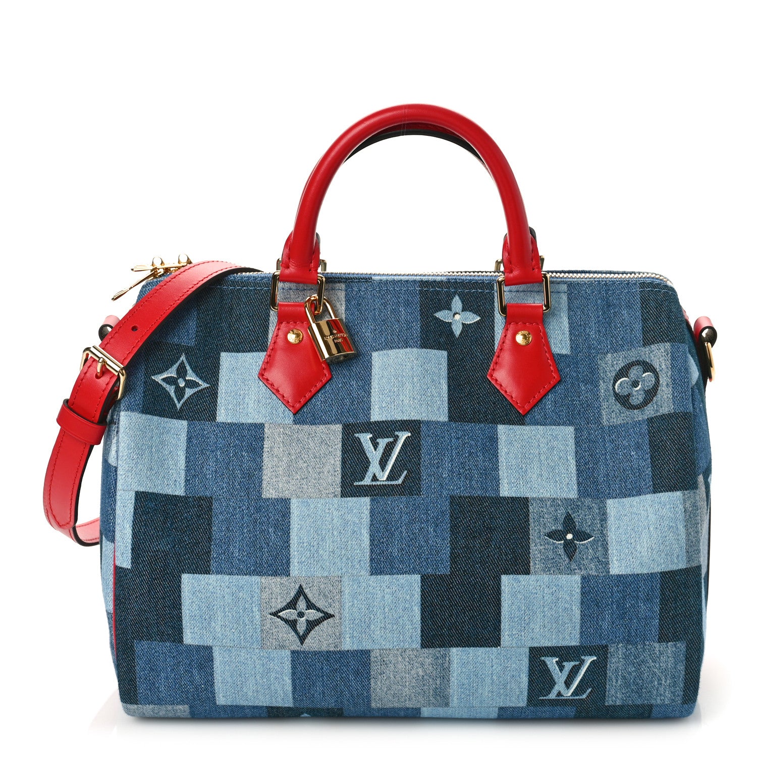 Louis Vuitton Denim Damier Monogram Patchwork Speedy Bandouliere 30 Blue Rouge 1 of 8