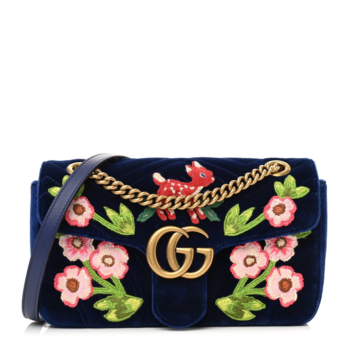 Velvet Matelasse Deer Embroidered Small GG Marmont Shoulder Bag Cobalt