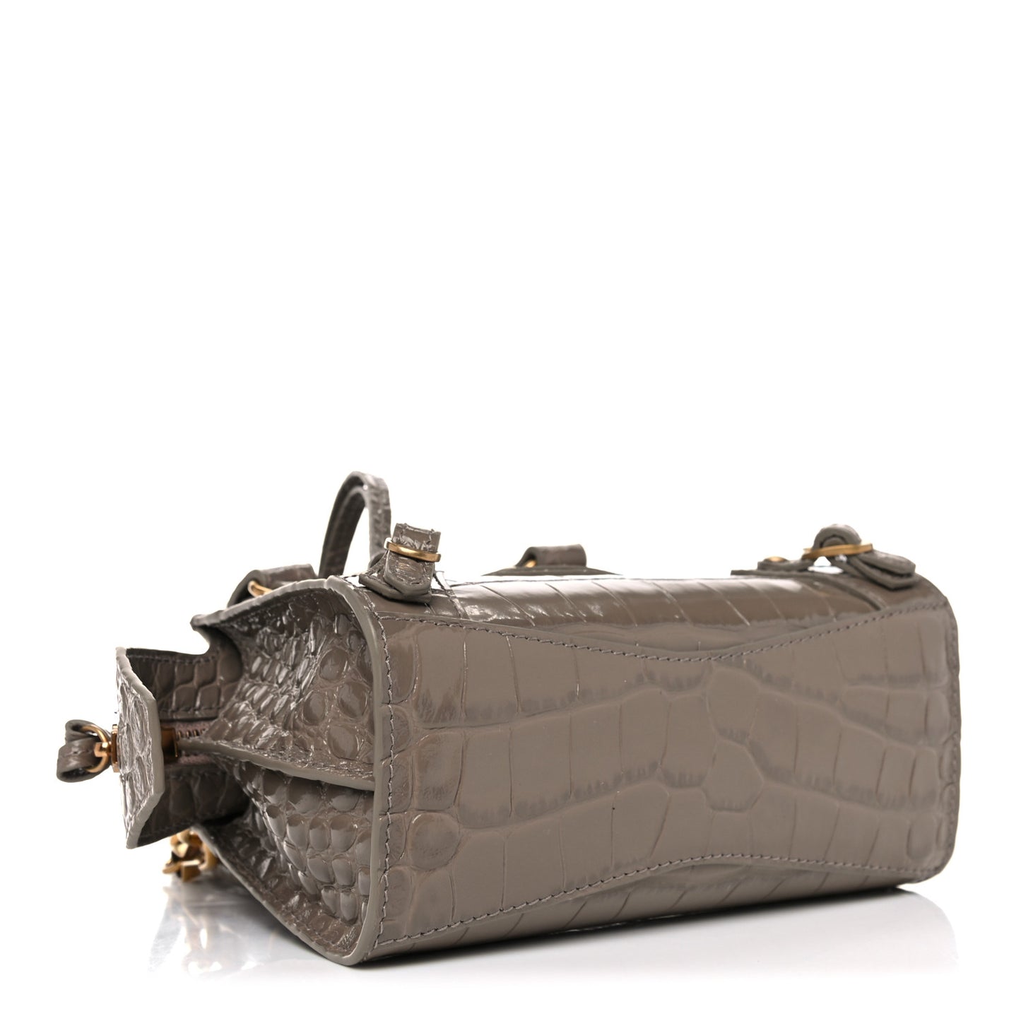 Shiny Supple Calfskin Crocodile Embossed Neo Classic Gold Hardware Nano City Crossbody Mink Grey