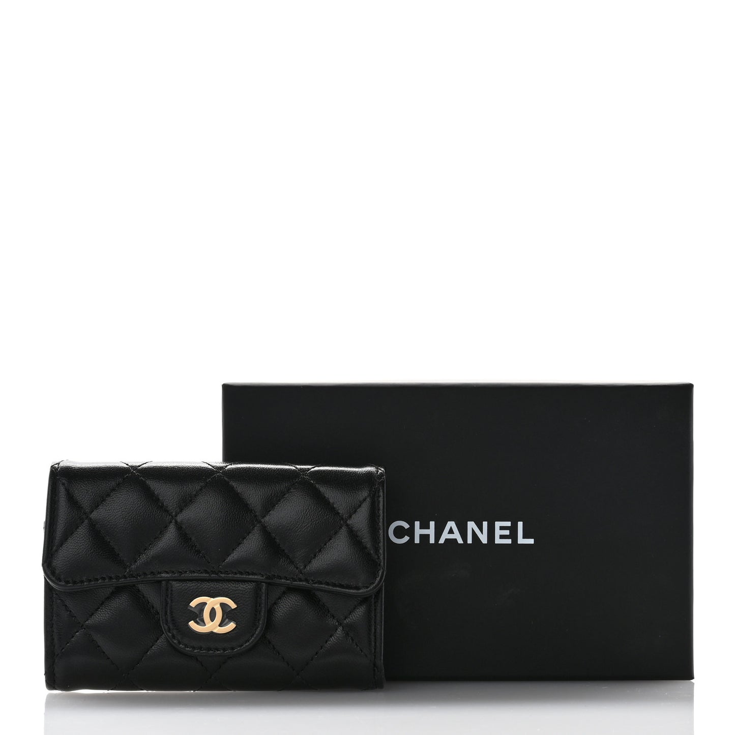 Lambskin Quilted Flap Card Holder Wallet Black