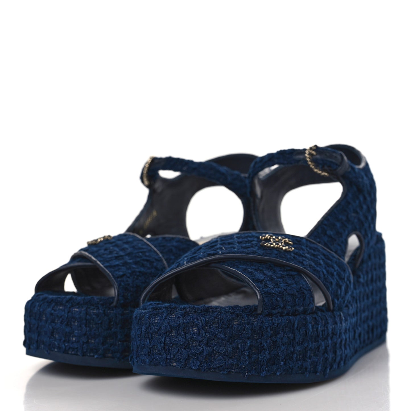 Cotton Tweed Quilted CC Platform Sandals 39 Navy Blue