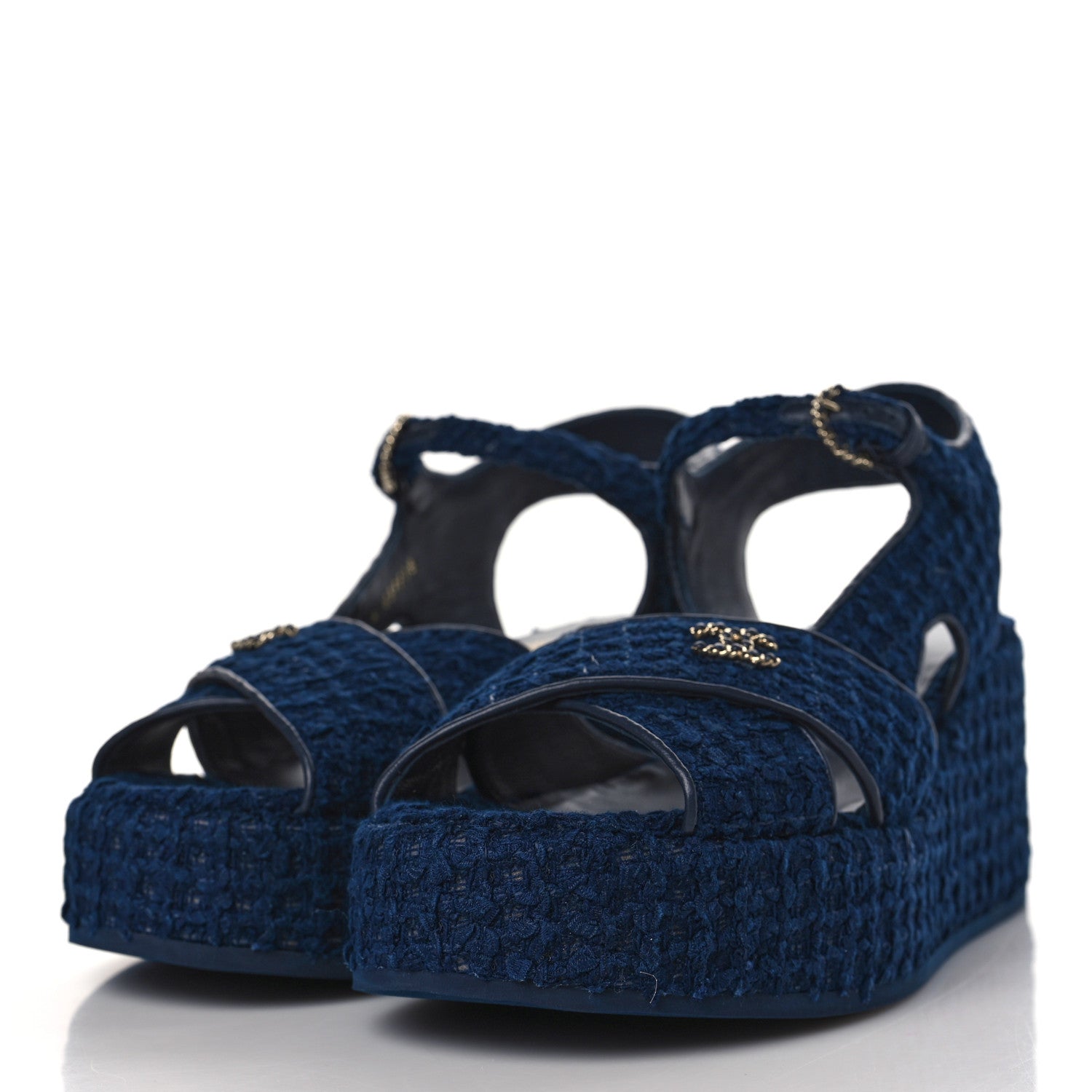 Chanel Cotton Tweed Quilted CC Platform Sandals 39 Navy Blue 3 of 9