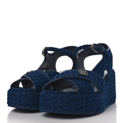 Chanel Cotton Tweed Quilted CC Platform Sandals 39 Navy Blue 3 of 9