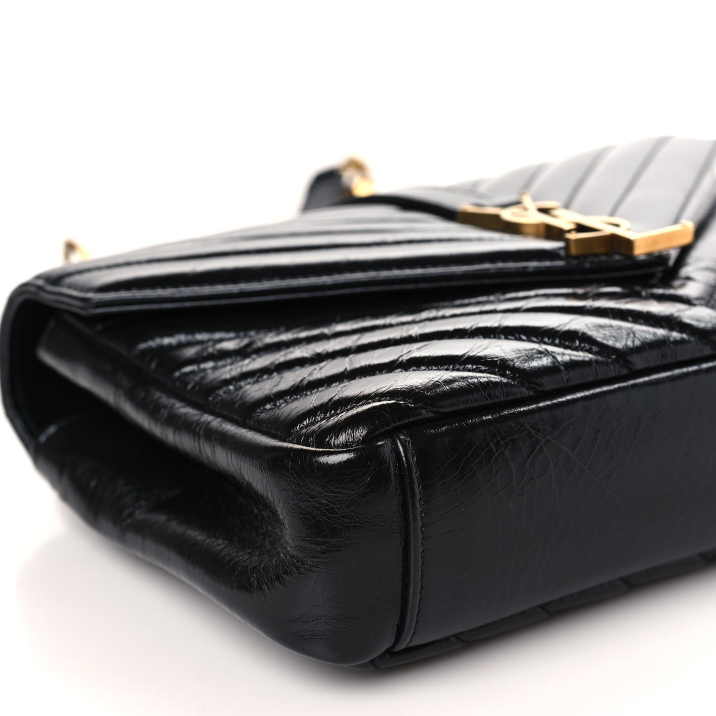 Cracked Shiny Calfskin Matelasse Chevron Monogram Medium College Bag Black