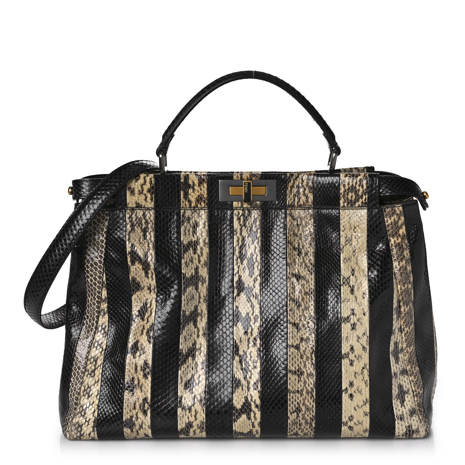 Fendi Snakeskin Striped Large Peekaboo Iconic Satchel Natural Black 1 of 9