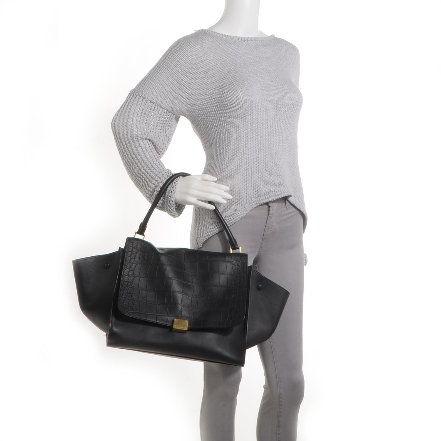 Celine Crocodile Embossed Large Trapeze Black 2 of 9