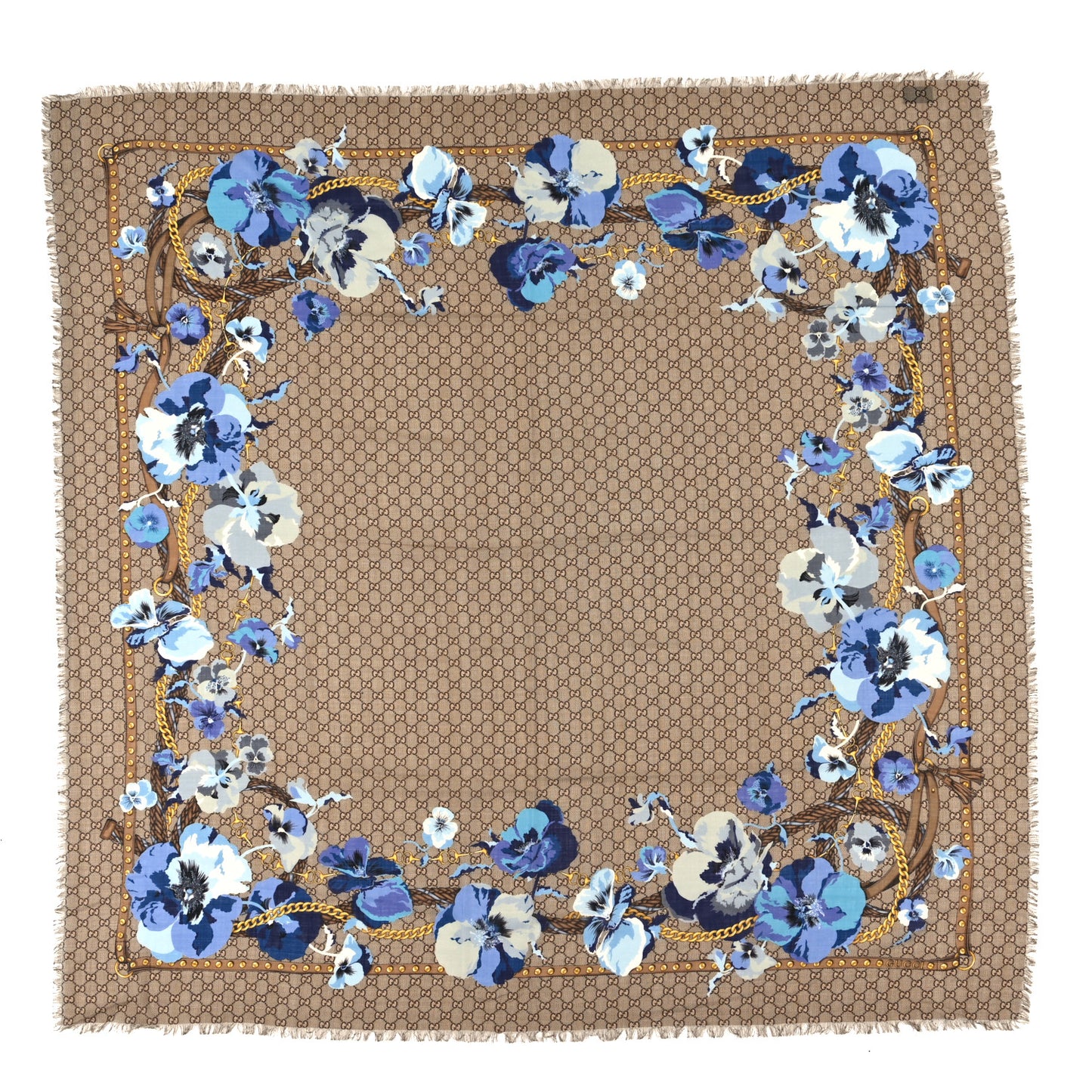 Wool Jacquard GG Monogram Big Panshie Fringe Shawl  Sapphire Beige