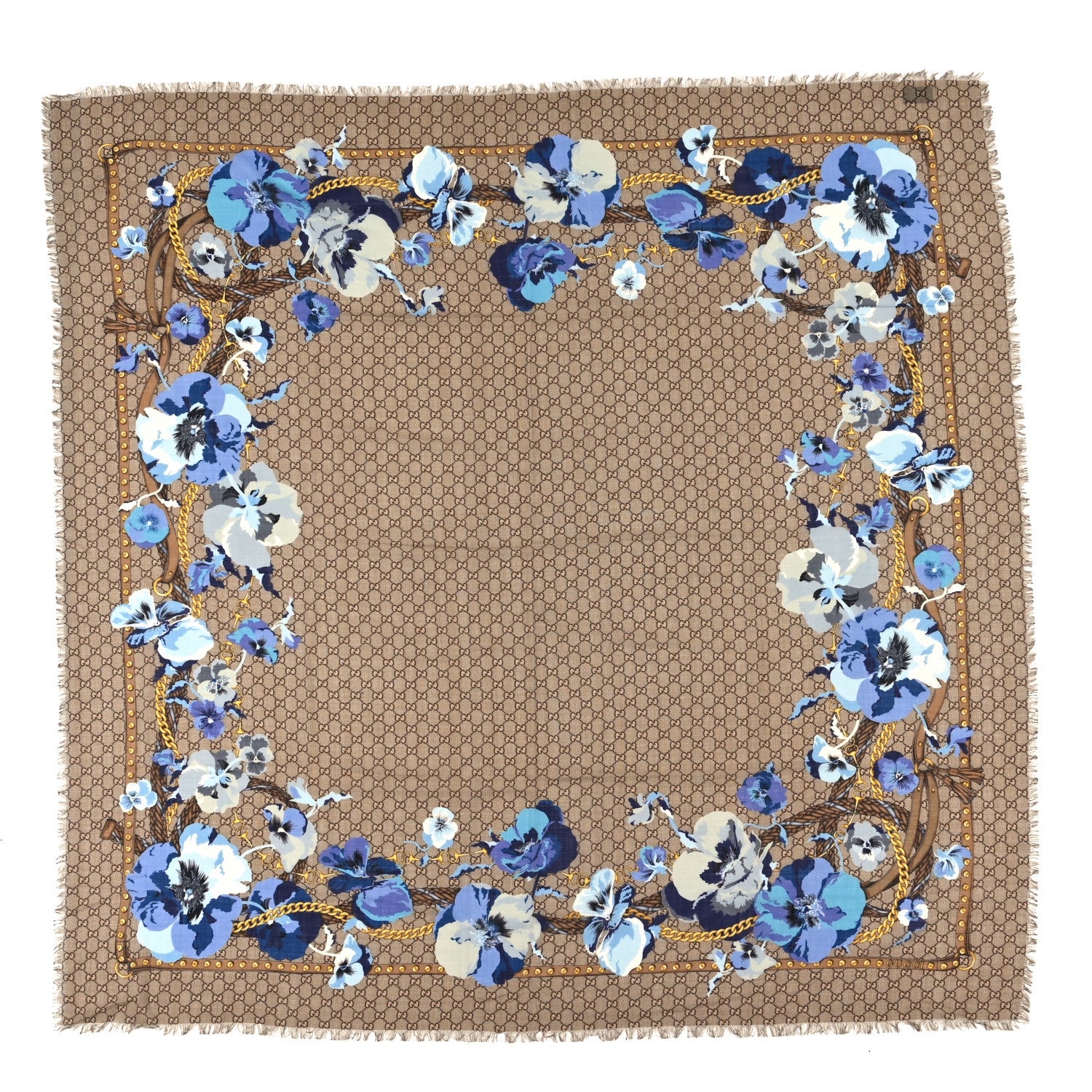 Gucci Wool Jacquard GG Monogram Big Panshie Fringe Shawl  Sapphire Beige 1 of 3
