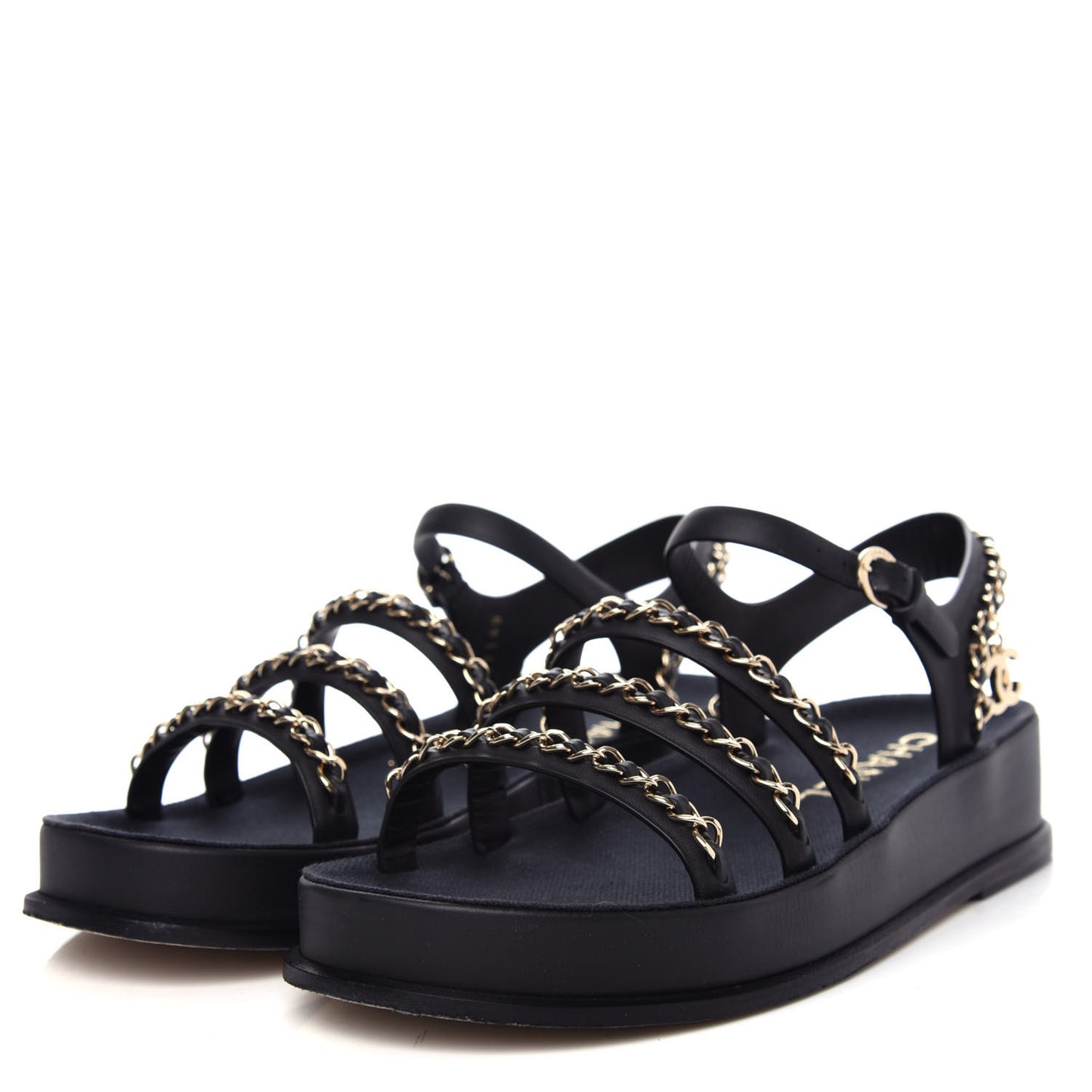 Calfskin Chain Platform Sandals 37 Black