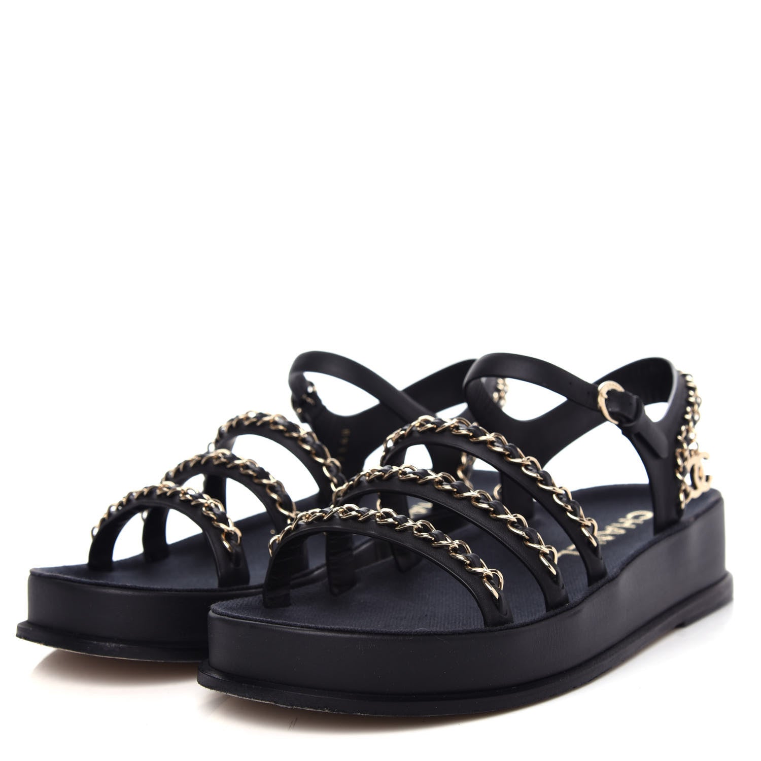 Chanel Calfskin Chain Platform Sandals 37 Black 3 of 11