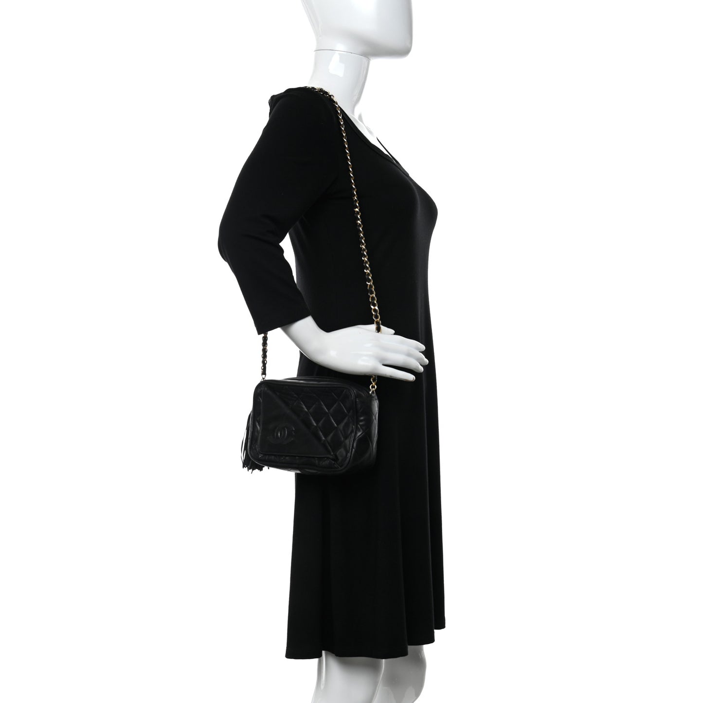 Lambskin Quilted Tassel Camera Case Black
