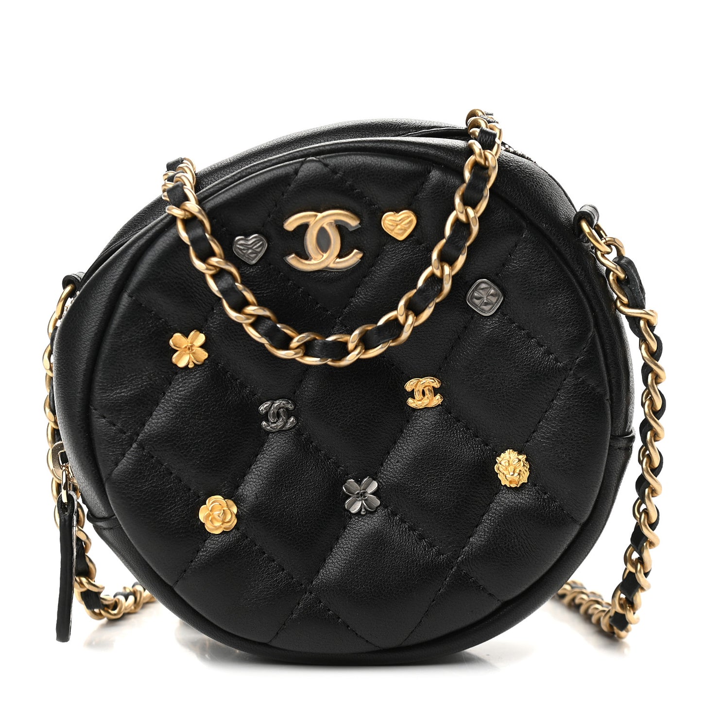 Lambskin Quilted Studded Round Clutch With Chain Black