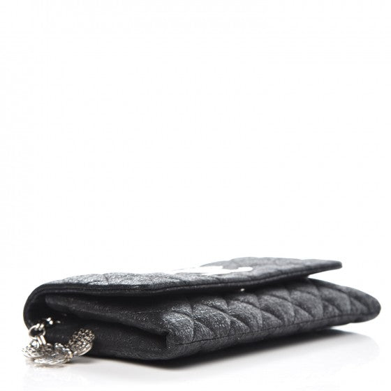Glitter Fabric Quilted Flap Clutch With Butterfly Chain Black